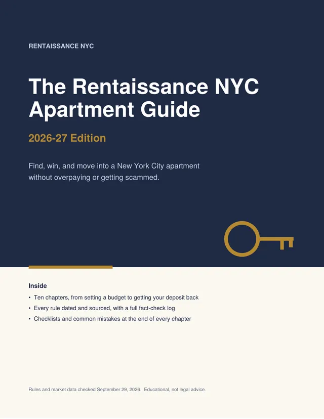 Cover of The Rentaissance NYC Apartment Guide, 2026-27 Edition, with a brass key on a navy background.
